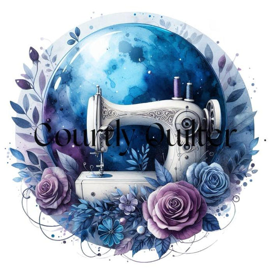 Courtly Quilter white sewing machine surrounded by flowers and leaves on a blue background