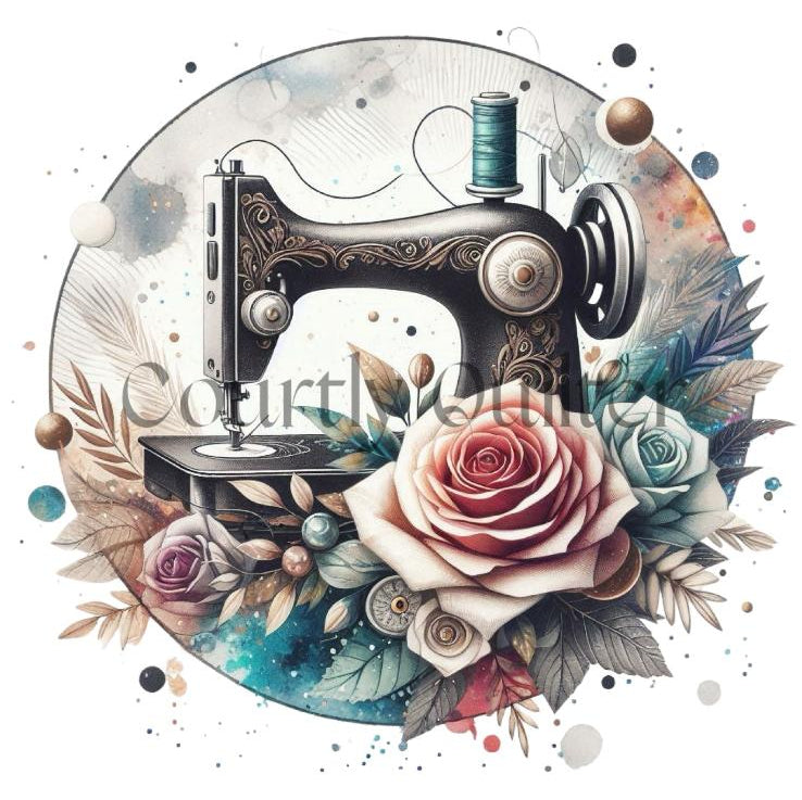 Courtly Quilter black sewing machine surrounded by flowers and leaves on a gray background