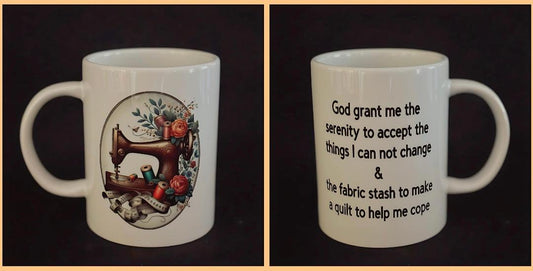 Courtly Quilter ceramic mug with bronze sewing machine, thread, flowers, quote "God grant me the serenity to accept the things I can not change and . . . "