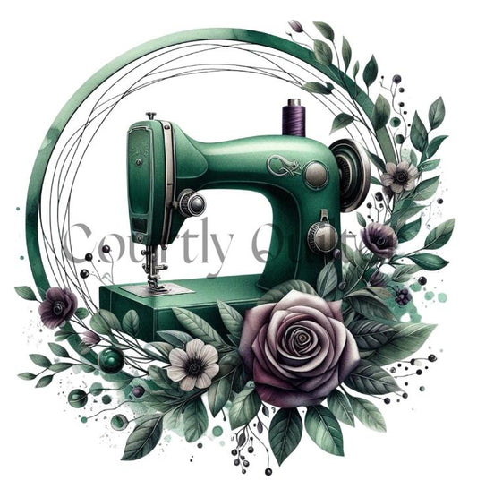 Courtly Quilter green sewing machine surrounded by flowers and leaves on a white background