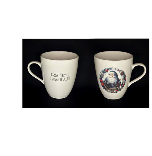 Courtly Quilter ceramic mug with santa and sewing machine, quote "Dear Santa, I want it all!"