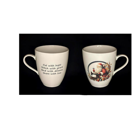 Courtly Quilter ceramic mug with santa and "cut with hope, stitch with grace, bind with dreams, share with love"