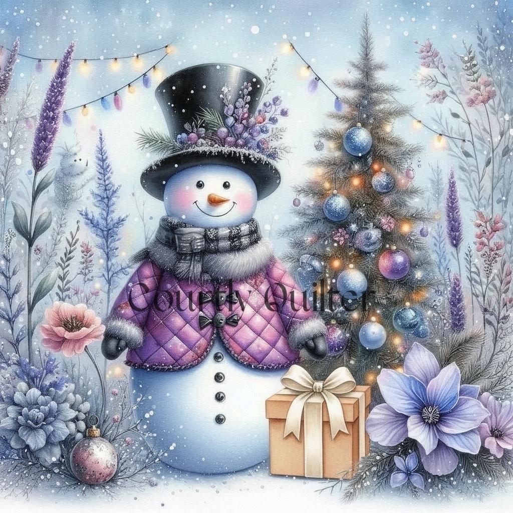 Courtly Quilter snowman in a purple coat and top hat with a Christmas tree and flowers in a snowy scene