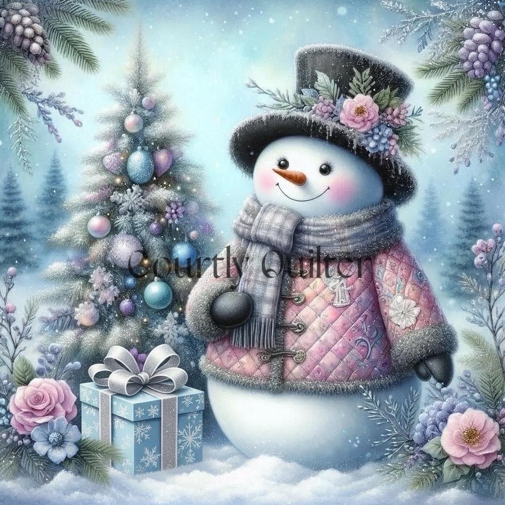 Decorative image of a Courtly Quilter snowman with a pink coat, floral top hat, and gift box in a snowy scene.