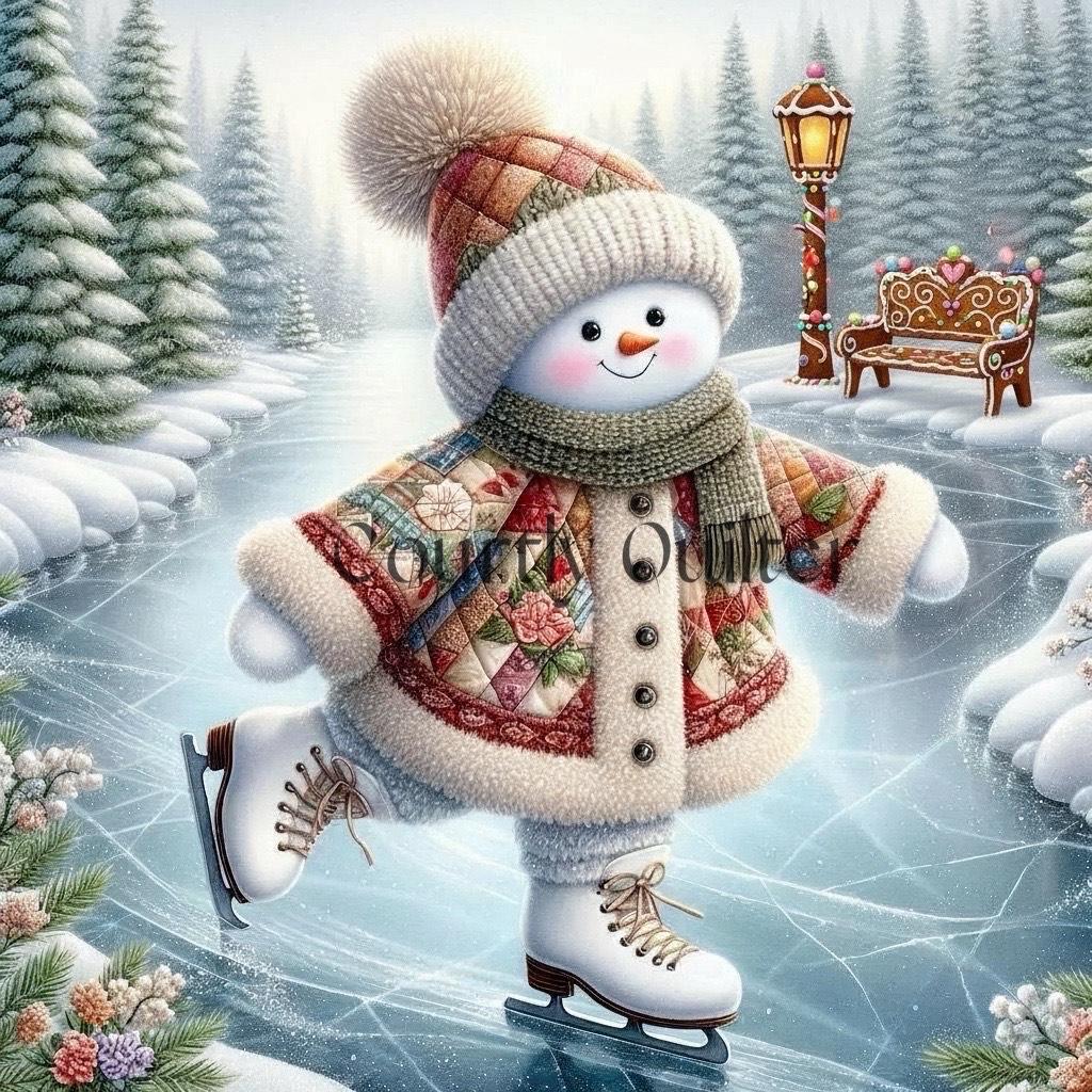 Courtly Quilter snowman in a patchwork quilted coat and knit hat skating on ice with trees in the background.