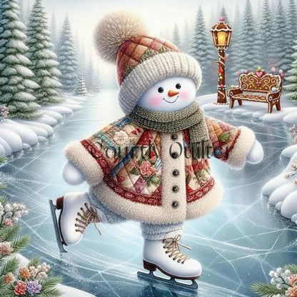 Courtly Quilter snowman in a patchwork quilted coat and knit hat skating on ice with trees in the background.
