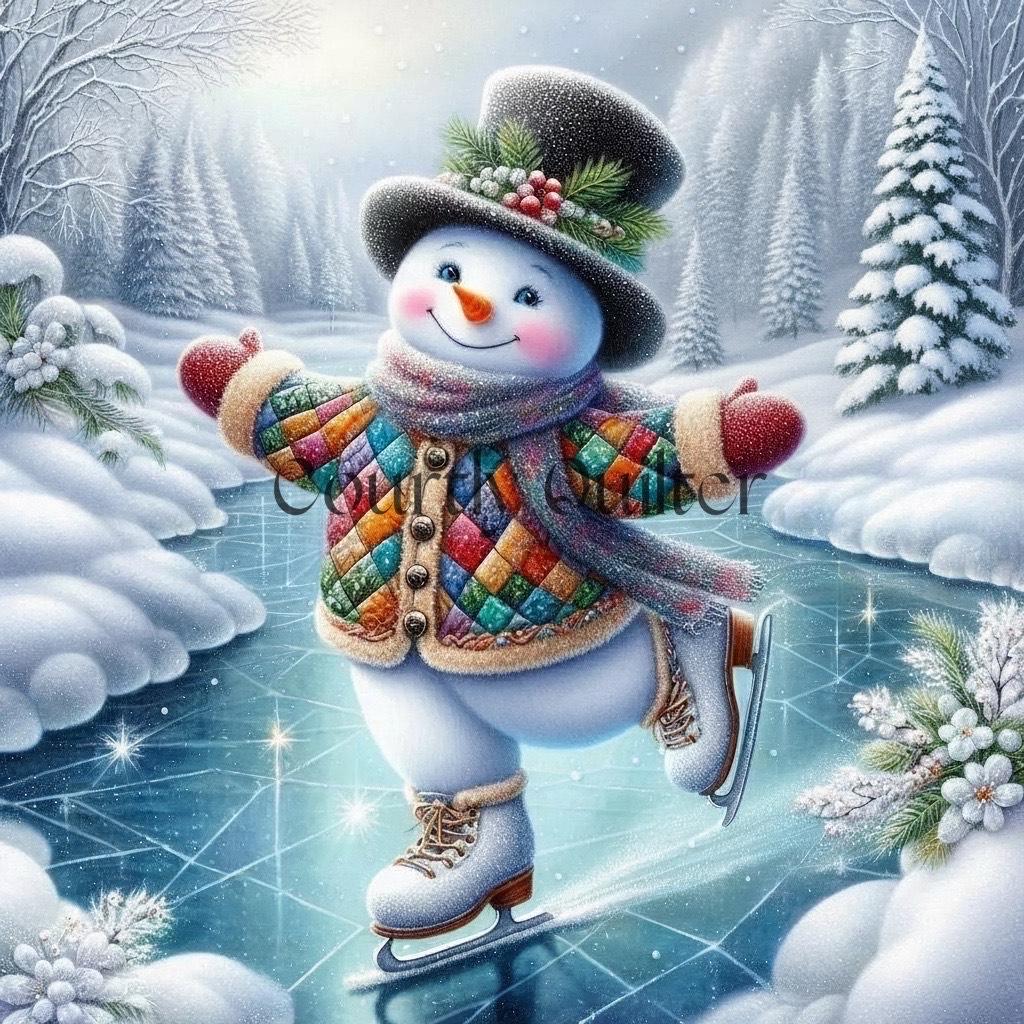 Courtly Quilter snowman in a patchwork quilted coat and top hat skating on ice with trees in the background.