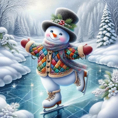 Courtly Quilter snowman in a patchwork quilted coat and top hat skating on ice with trees in the background.