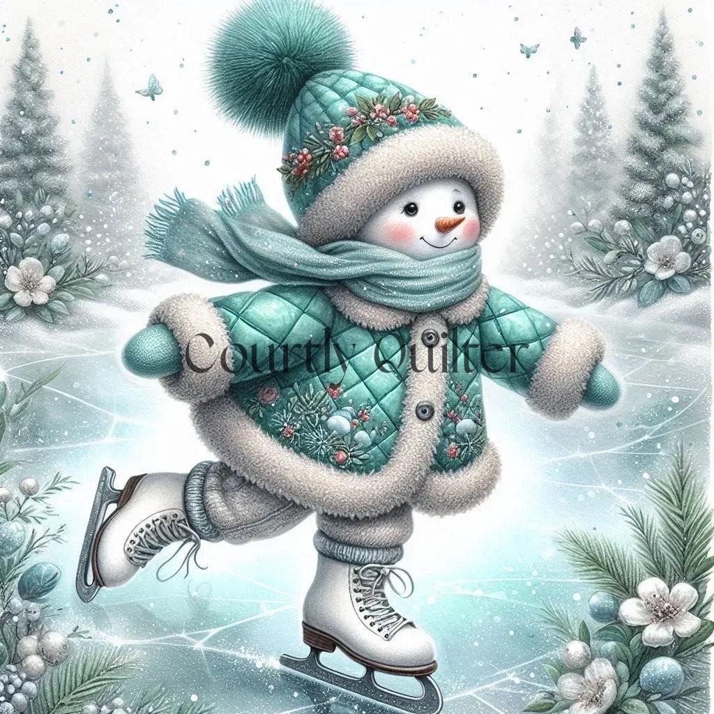 Courtly Quilter snowman in a teal quilted coat and hat skating on ice with trees in the background.