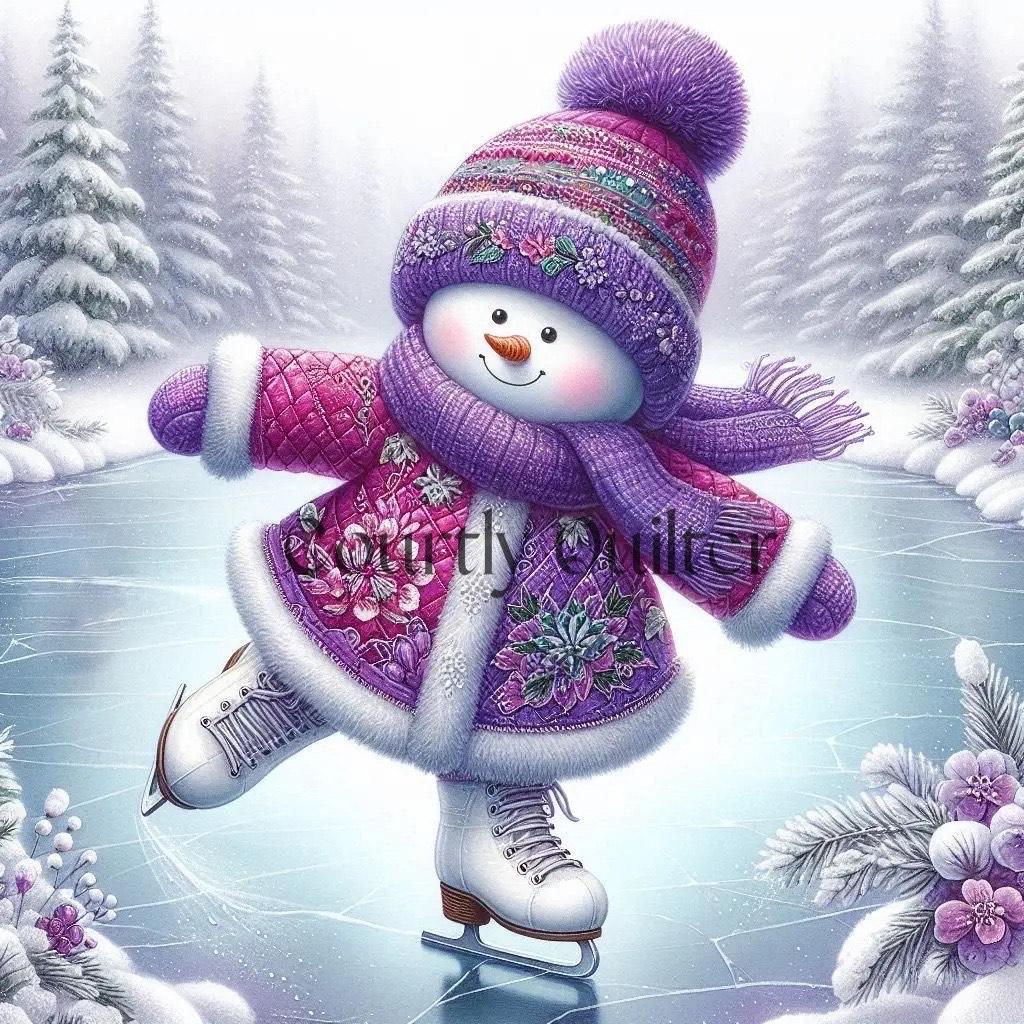 Courtly Quilter snowman in a purple quilted coat and hat skating on ice with trees in the background.