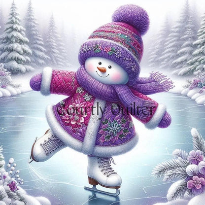 Courtly Quilter snowman in a purple quilted coat and hat skating on ice with trees in the background.