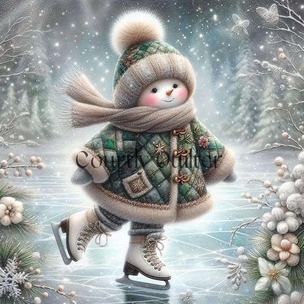 Courtly Quilter snowman in a green quilted coat and hat skating on ice with trees in the background.