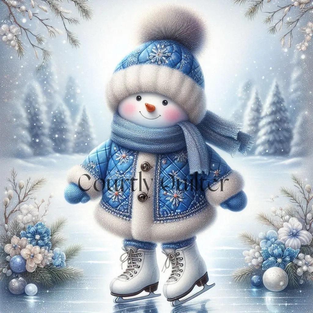 Courtly Quilter snowman in a blue quilted coat and hat skating on ice with trees in the background.