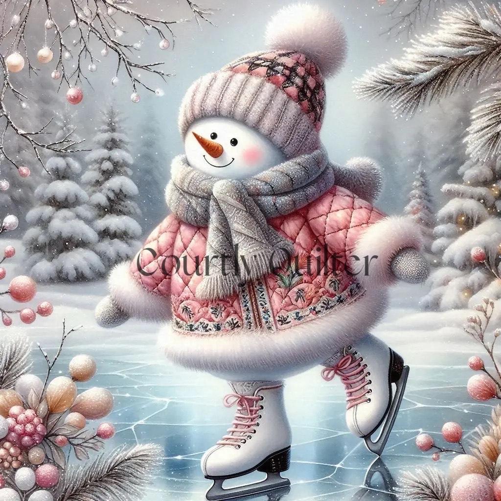 Courtly Quilter snowman in a pink  quilted coat and hat skating on ice with trees in the background.