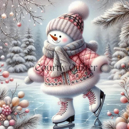 Courtly Quilter snowman in a pink  quilted coat and hat skating on ice with trees in the background.
