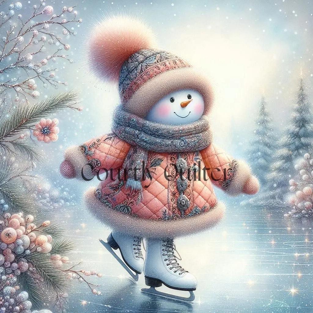 Courtly Quilter snowman in a pink  quilted coat and hat skating on ice with trees in the background.