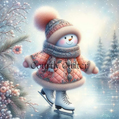 Courtly Quilter snowman in a pink  quilted coat and hat skating on ice with trees in the background.