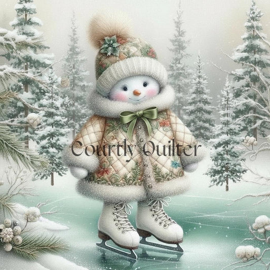 Courtly Quilter snowman in a quilted coat and hat skating on ice with trees in the background.