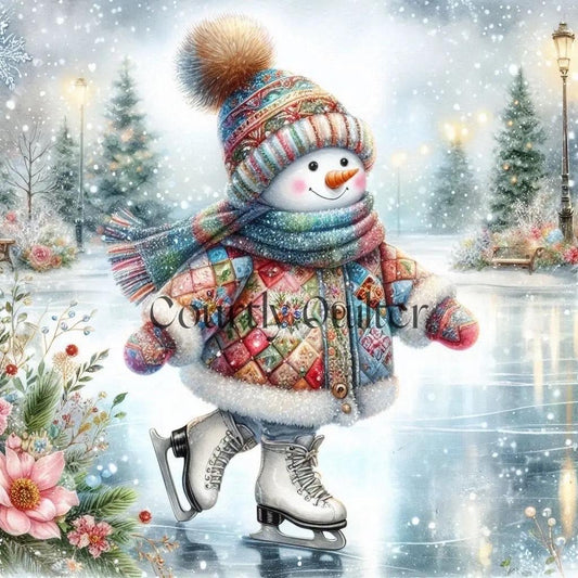 Courtly Quilter snowman ice skating on pond