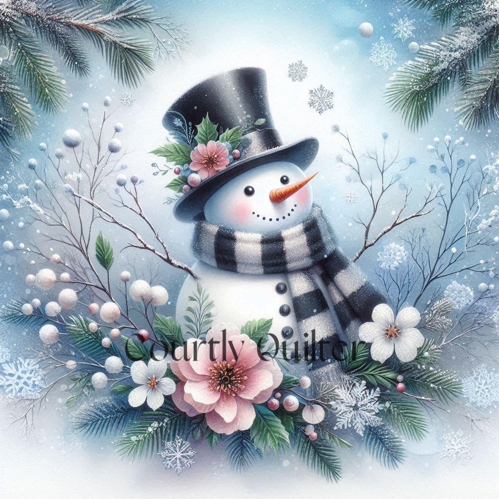 Courtly Quilter snowman with floral elements and a top hat on a snowy background.