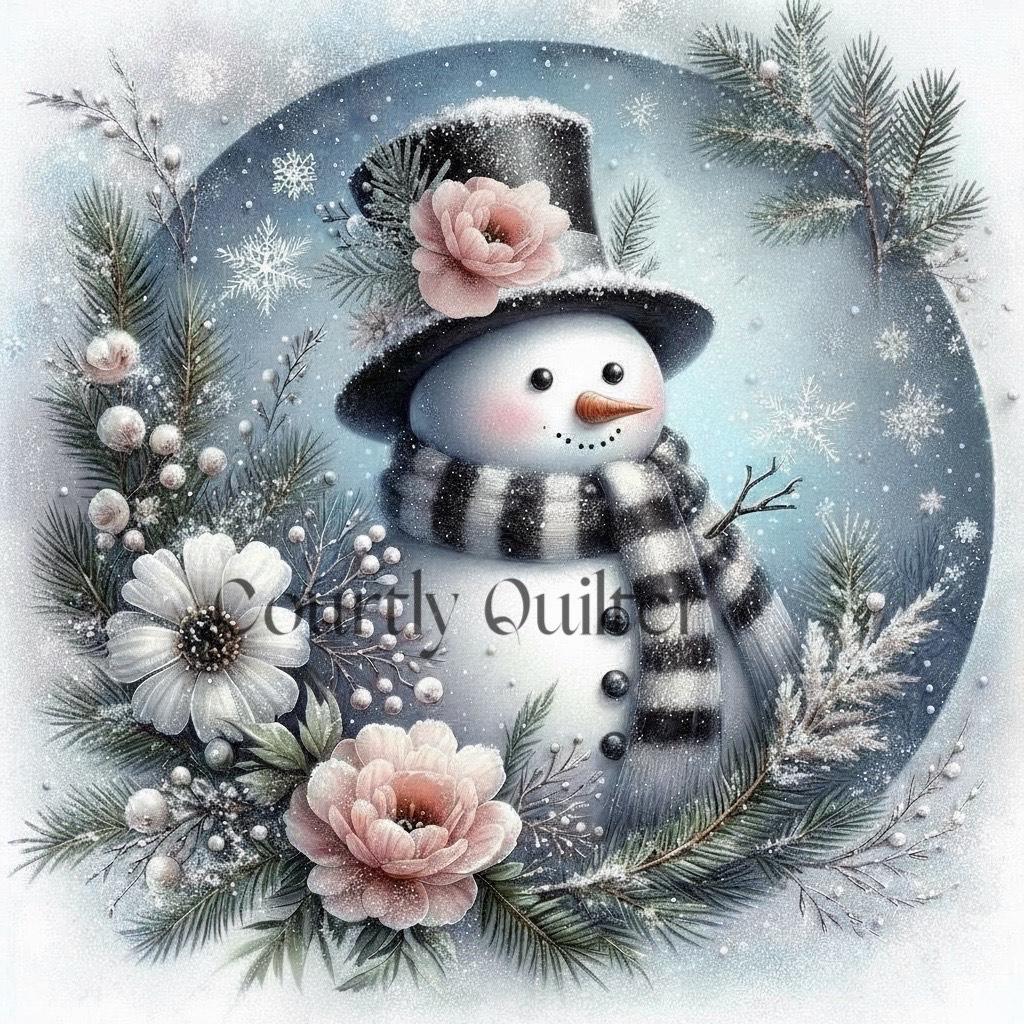 Courtly Quilter snowman with floral adorned top hat and black and white scarf surrounded by flowers and branches on a snowy background