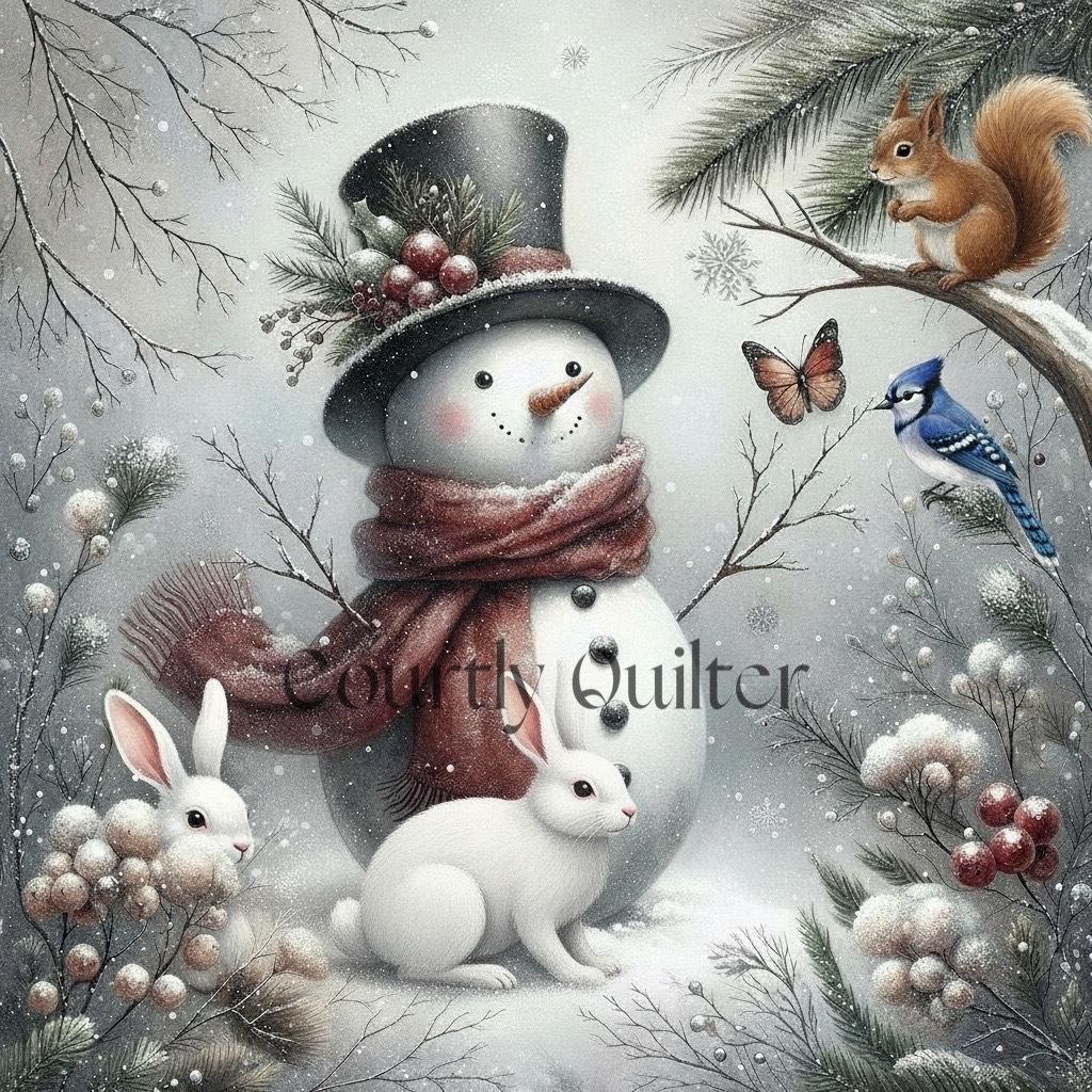 Courtly Quilter snowman with rabbits, a squirrel, and birds surrounded by snow-covered trees and berries.