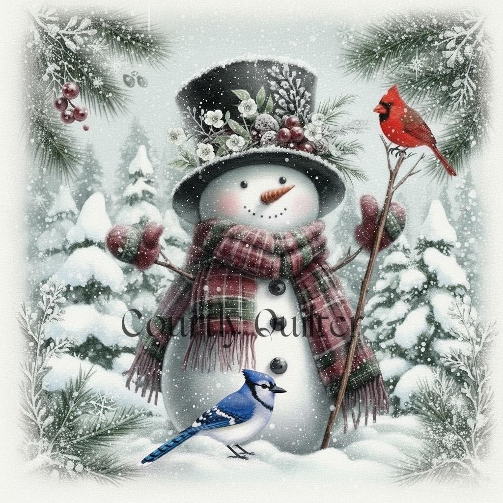 Courtly Quilter snowman with a flower adorned top hat, plaid scarf, and birds in a snowy landscape