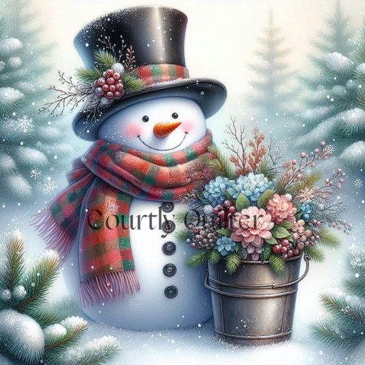 Courtly Quilter snowman with a top hat and scarf holding a bucket of flowers in a snowy landscape