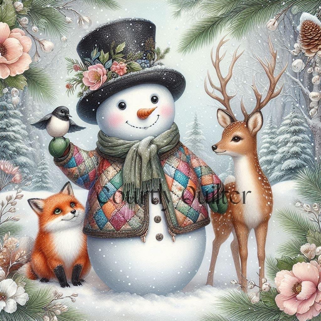 Courtly Quilter snowman with a top hat, scarf, and patchwork jacket surrounded by a deer, fox, and winter elements.