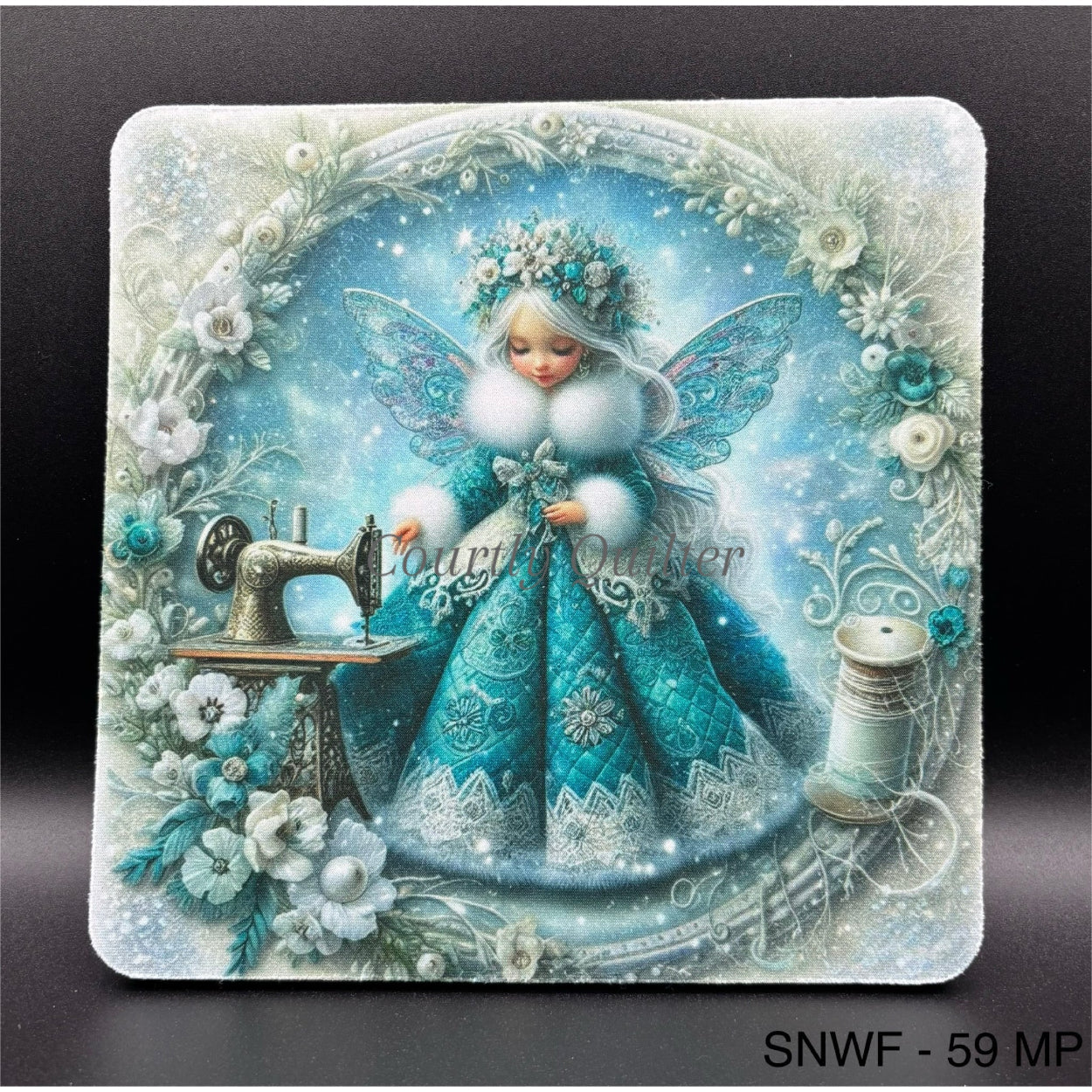 Mouse pad with a snow fairy in a blue dress by a vintage sewing machine, Courtly Quilter