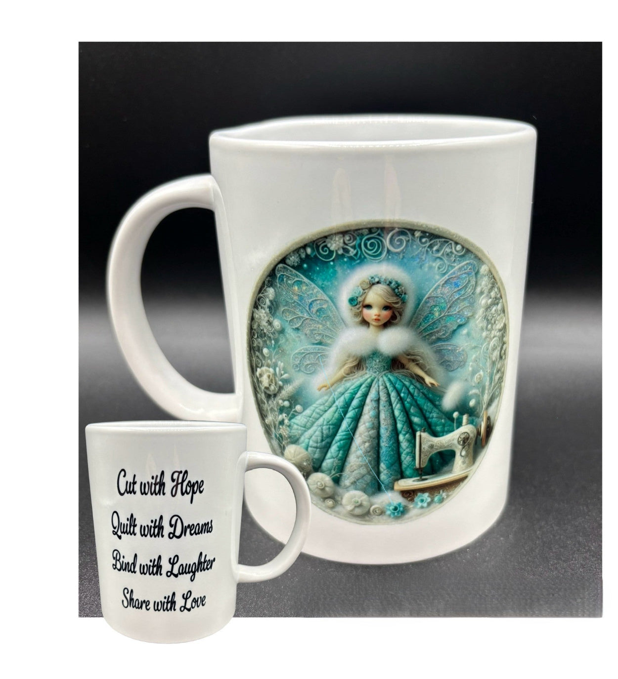 Ceramic mug with a snow fairy and vintage sewing machine with text, "Cut with Hope..." Courtly Quilter