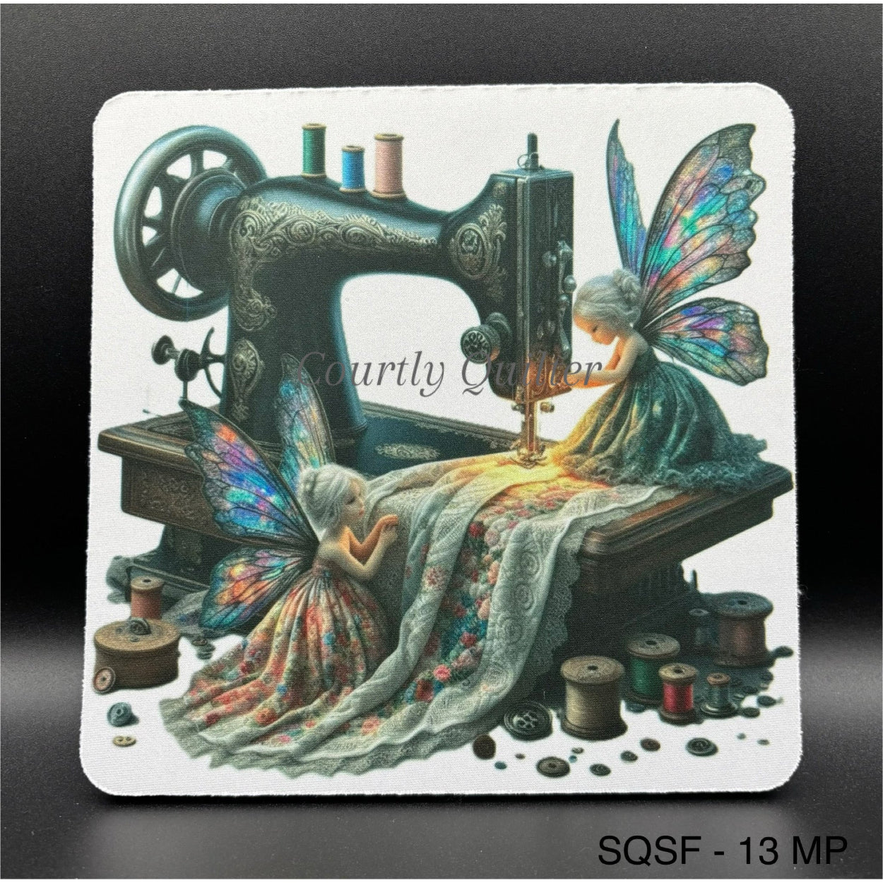 Mouse pad, tiny fairies around a vintage sewing machine with colorful wings, Courtly Quilter