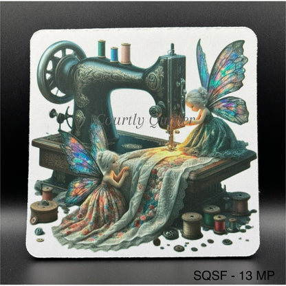 Mouse pad, tiny fairies around a vintage sewing machine with colorful wings, Courtly Quilter