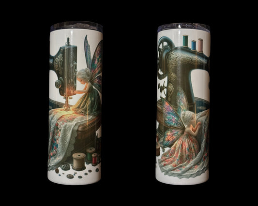 Drink skinny tumbler with sewing fairy