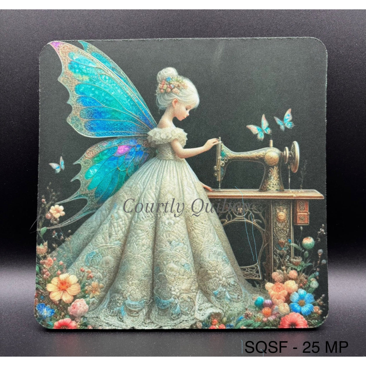 Mouse pad, fairy working on a vintage sewing machine surrounded by flowers and butterflies, Courtly Quilter