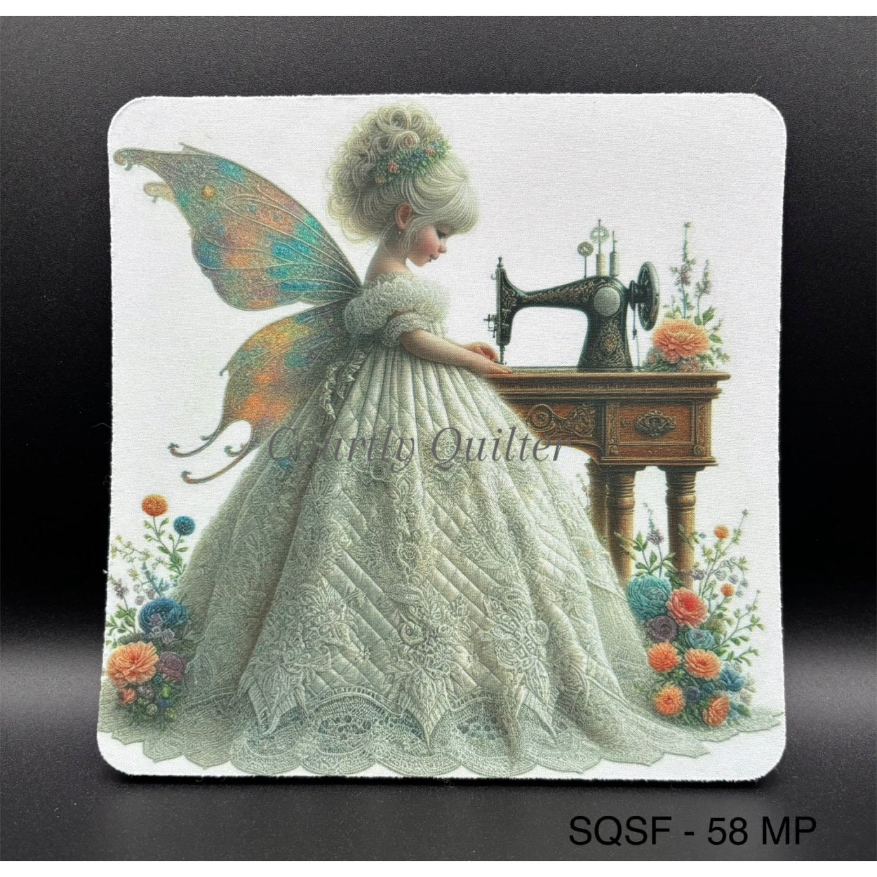 Mouse pad, fairy with vintage sewing machine on a light background, Courtly Quilter
