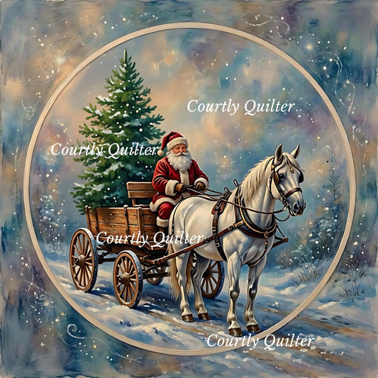 Santa Claus in a red suit driving a wooden sleigh with a white horse through a snowy winter landscape. The scene is framed by a circular border with a soft blue and gray sky background. Courtly Quilter