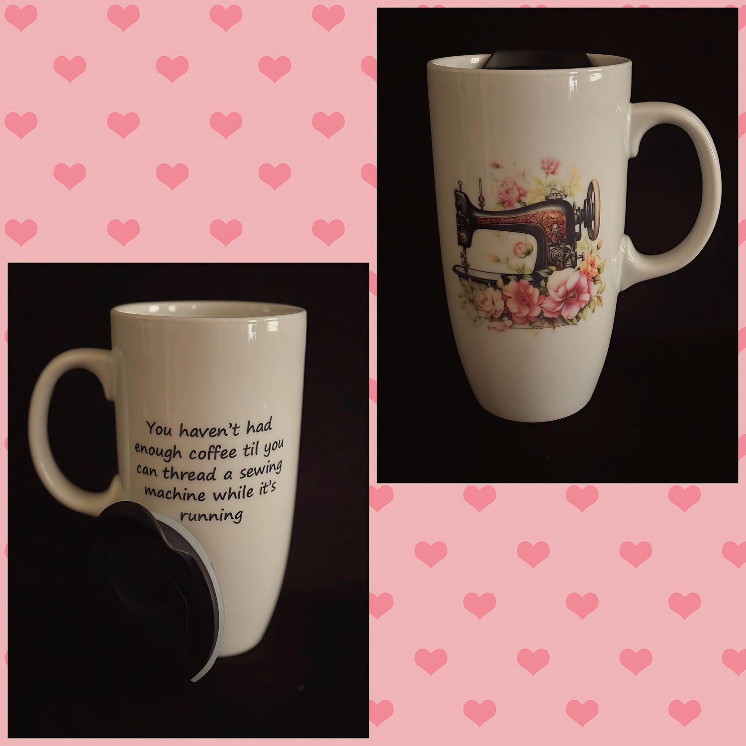 Courtly Quilter large ceramic mug with sewing machine, flowers, quote "you haven't had enough coffee til you can thread . . . "