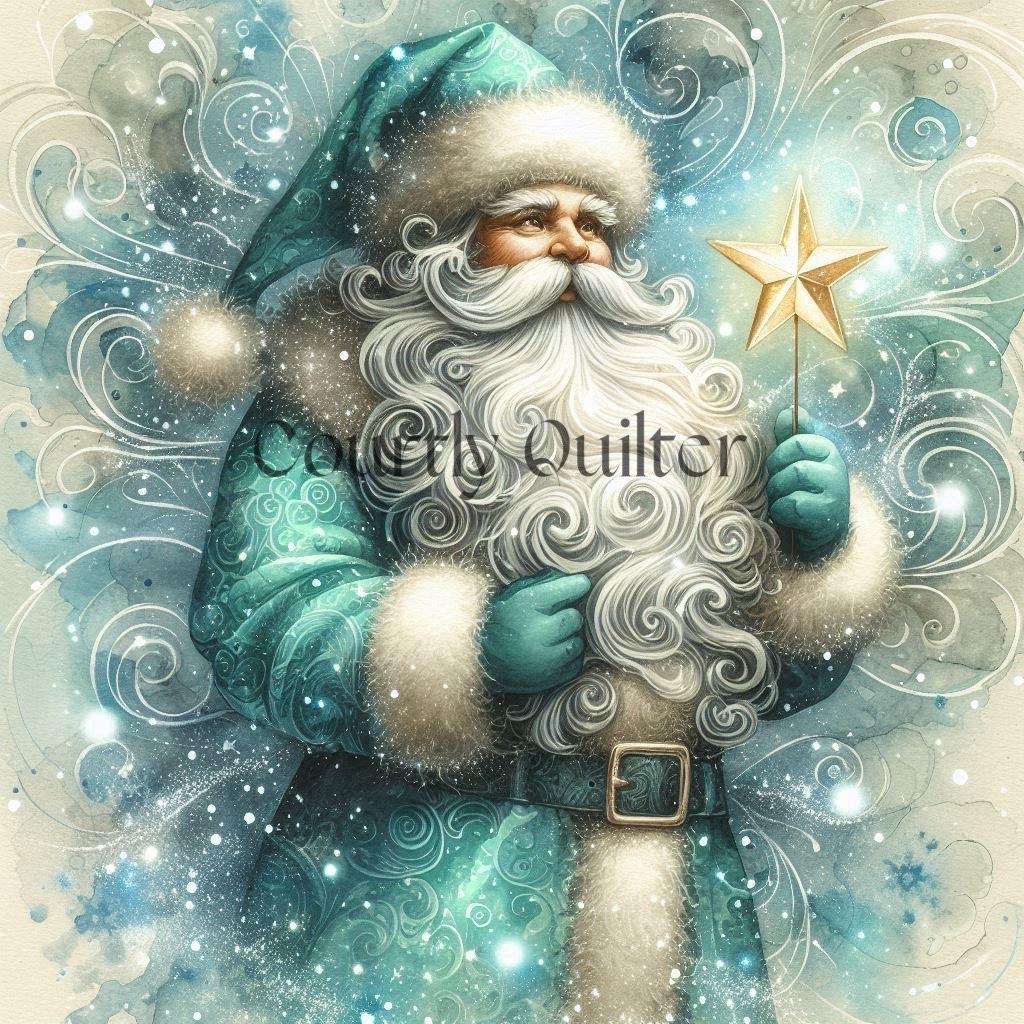 Illustration of a Courtly Quilter fantasy Santa Claus holding a star, with intricate patterns and a magical atmosphere.