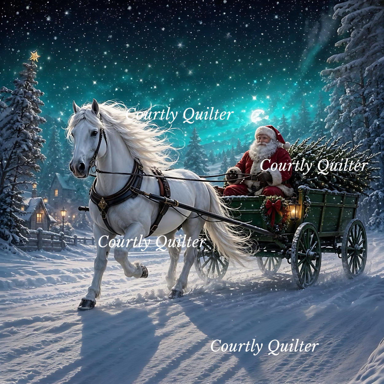 Santa's special twilight delivery set in a beautiful winter scene. Courtly Quilter