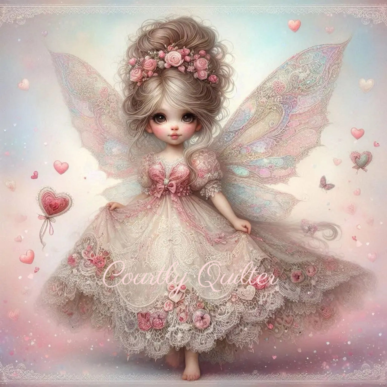 Fabric block of a fairy with floral lace dress and wings surrounded by hearts, Courtly Quilter