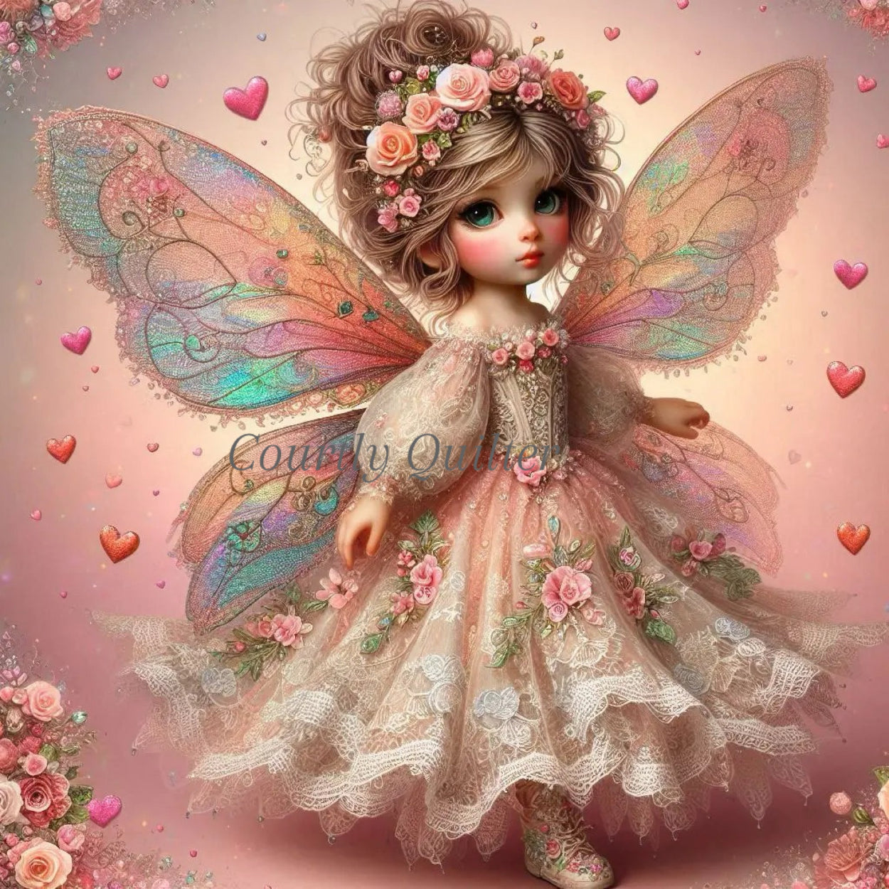 Fabric block of a fantasy fairy with colorful wings and floral dress on a pink background with floating hearts, Courtly Quilter