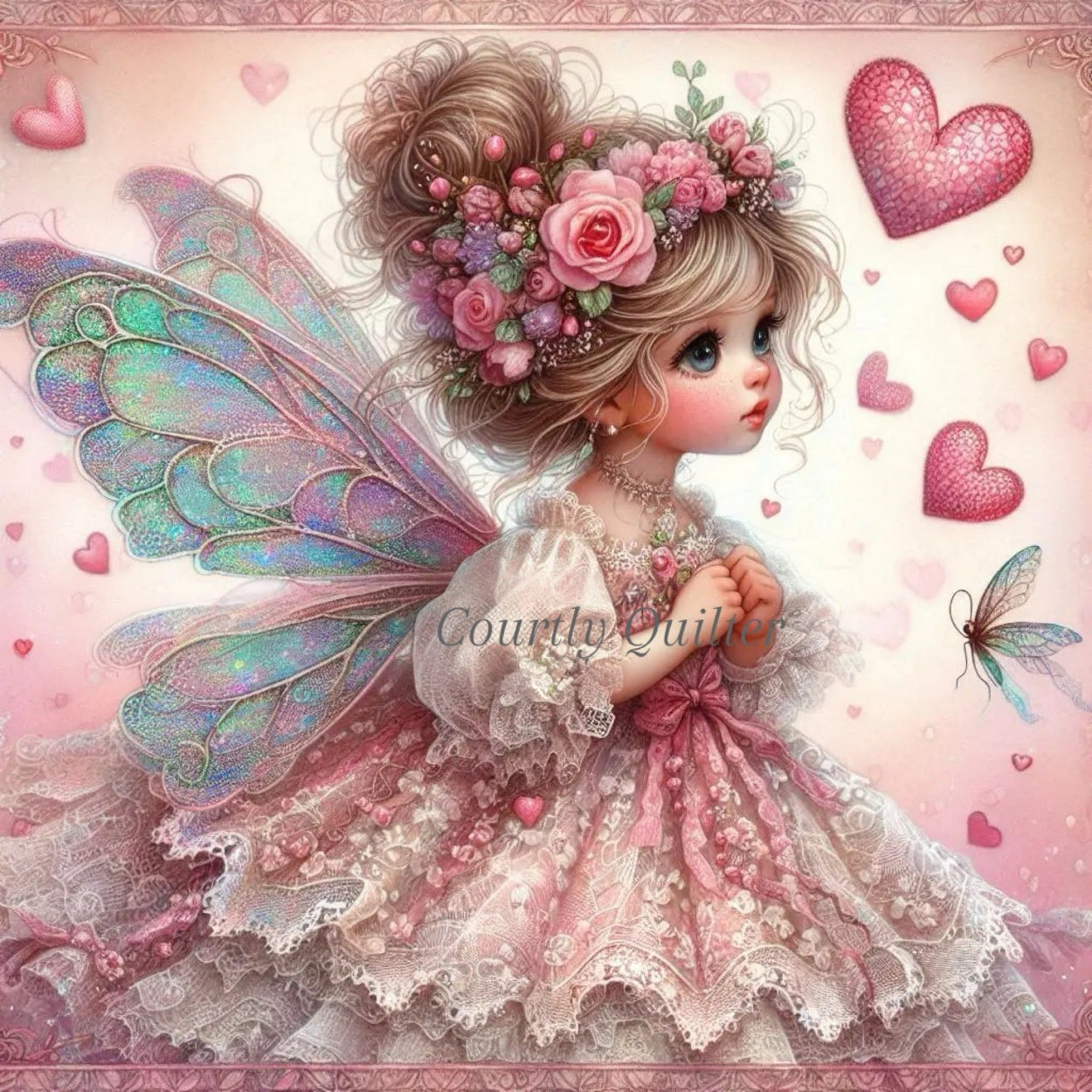Fabric block of a fairy with colorful wings and floral headband, surrounded by hearts and butterfly on a pink background, Courtly Quilter