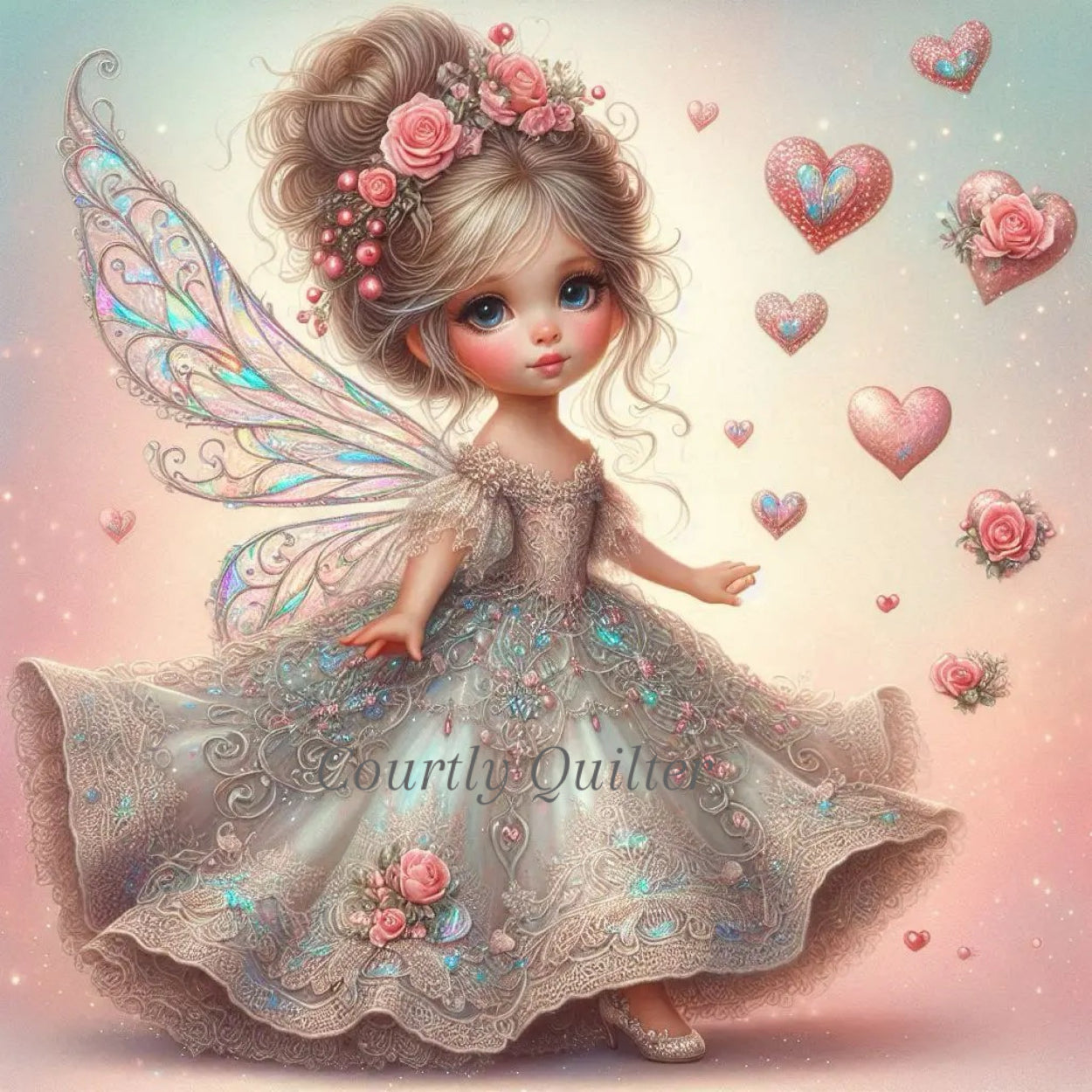 Fabric block of a fairy with delicate wings and detailed dress, floating heats & flowers, Courtly Quilter