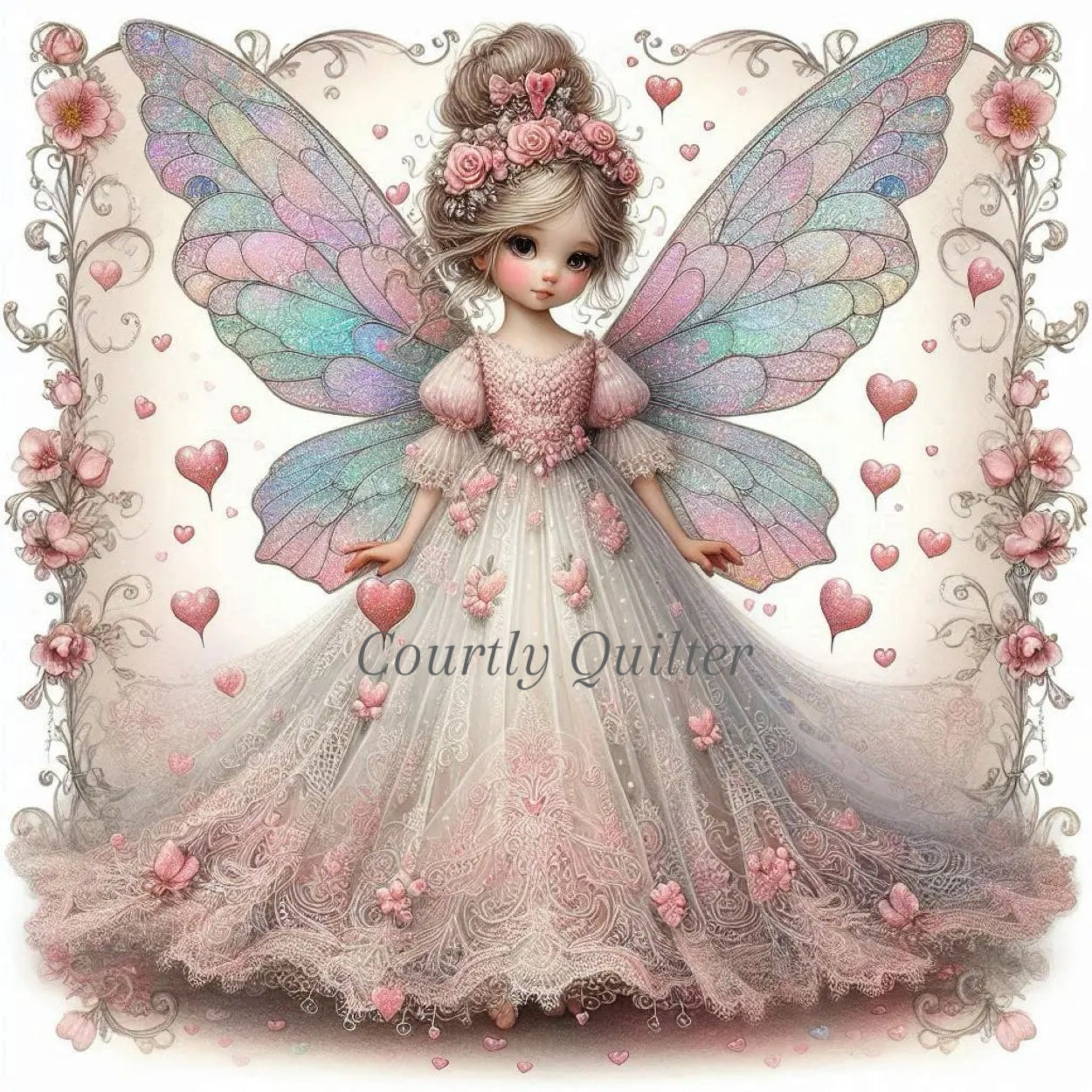 Fabric block of a fantasy fairy with colorful wings and a detailed dress surrounded by hearts and flowers, Courtly Quilter