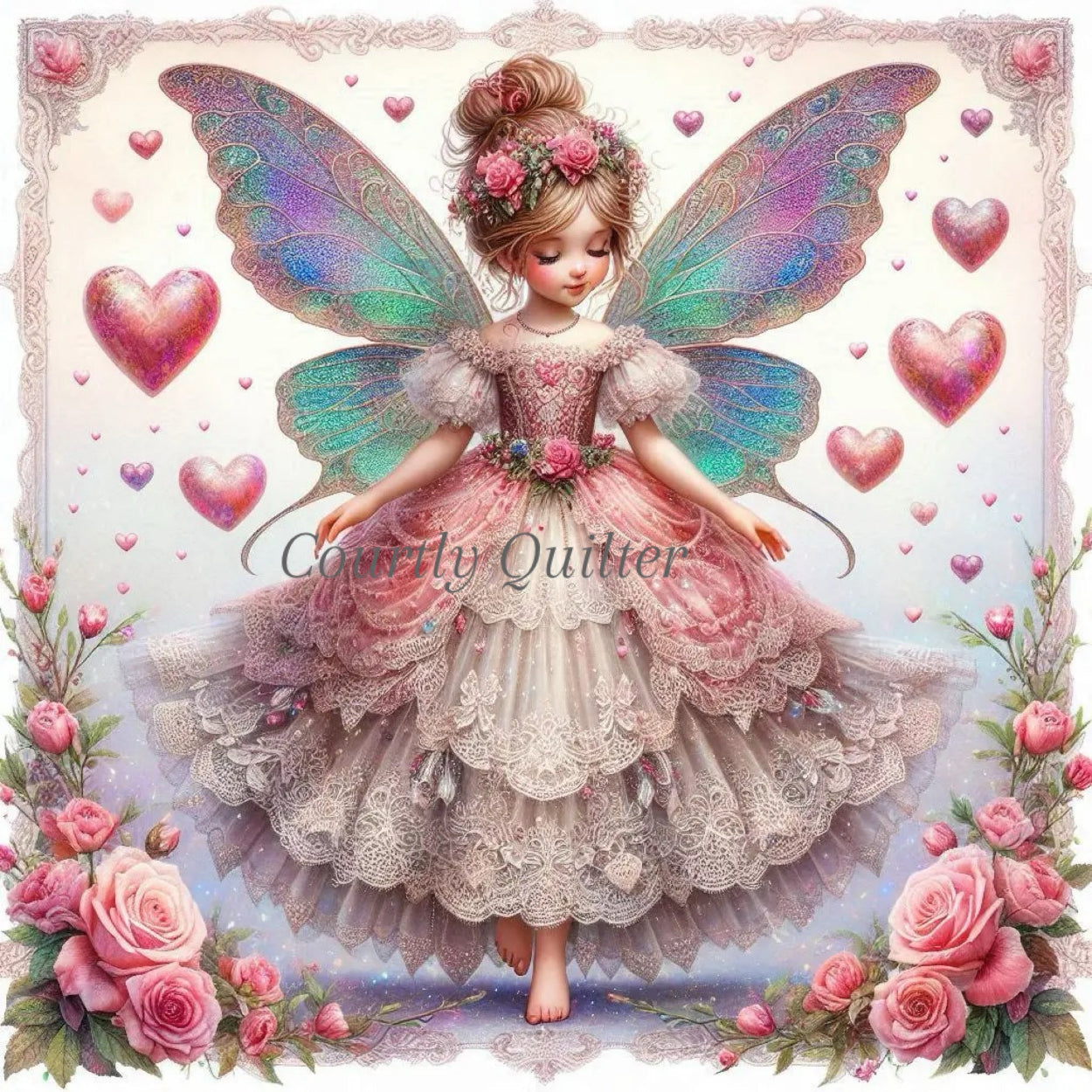 Fabric block of a fantasy fairy with colorful wings and a pink dress surrounded by hearts and flowers, Courtly Quilter.