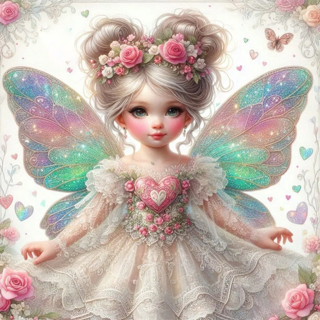 Fabric block of a fairy with colorful wings and floral decorations, Courtly Quilter
