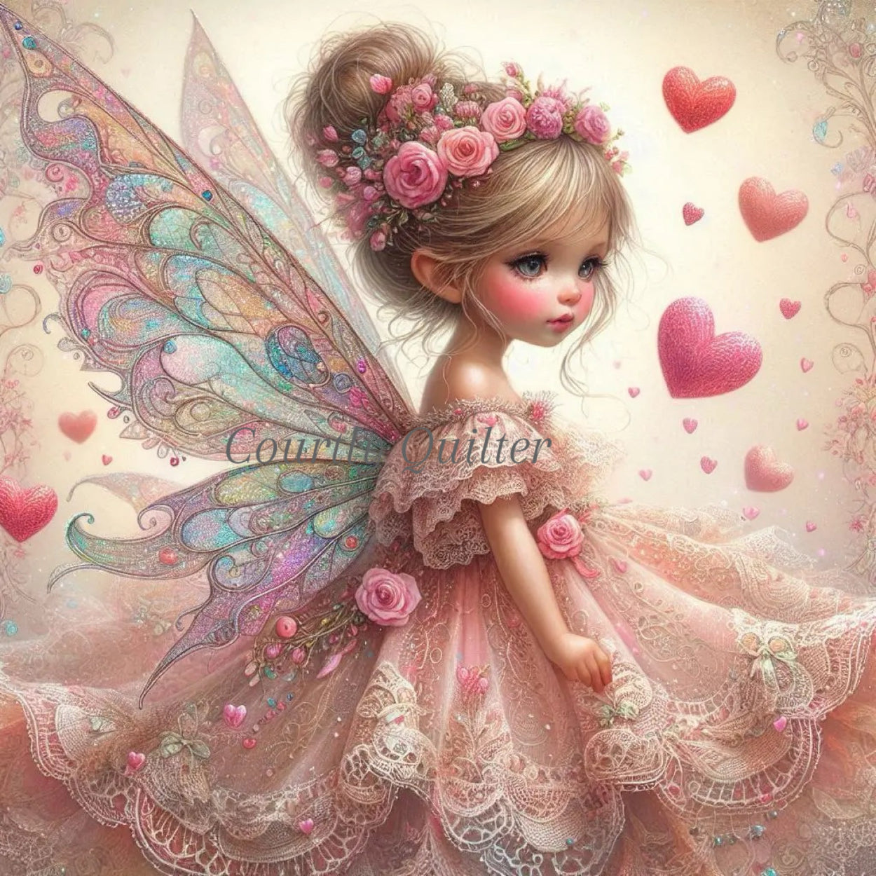 Fabric block of a fairy with colorful wings and floral crown, surrounded by hearts, Courtly Quilter