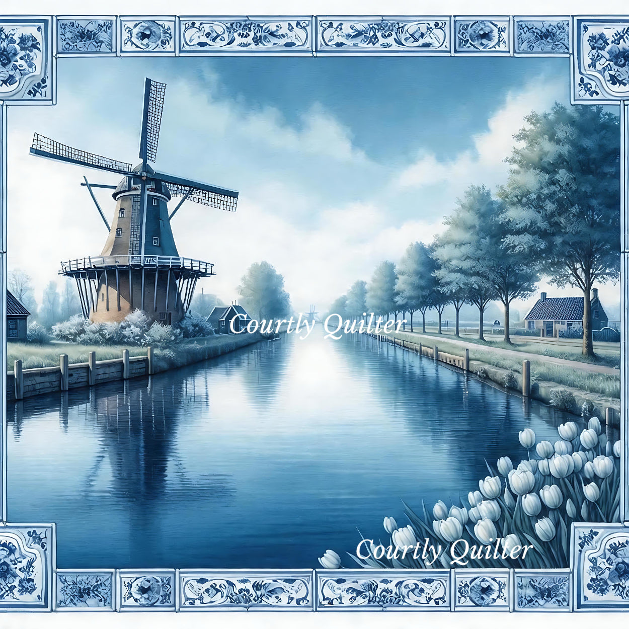 Windmill by a canal with decorative blue and white tile border, Courtly Quilter