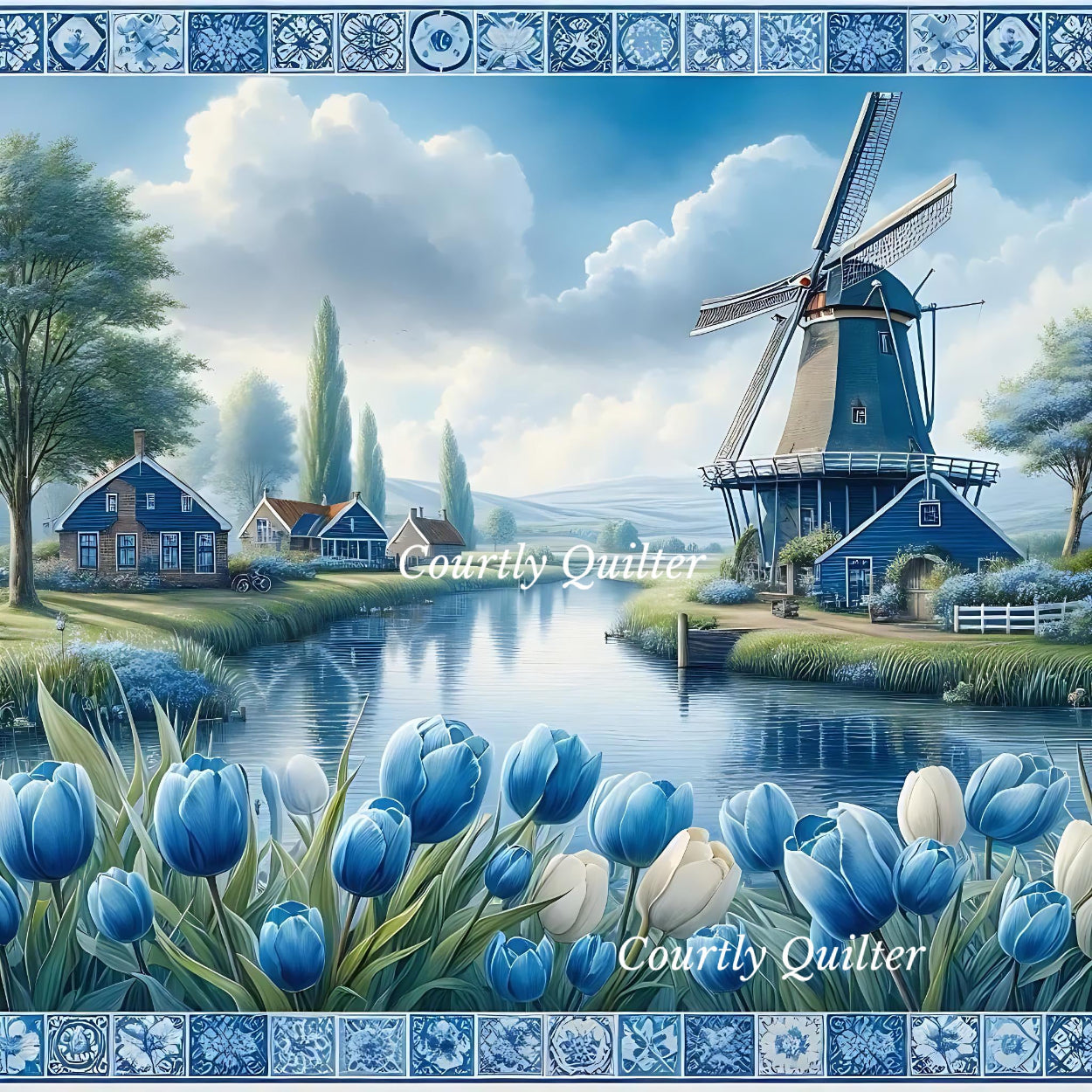 Scenic landscape with a windmill, houses, and tulips, Courtly Quilter